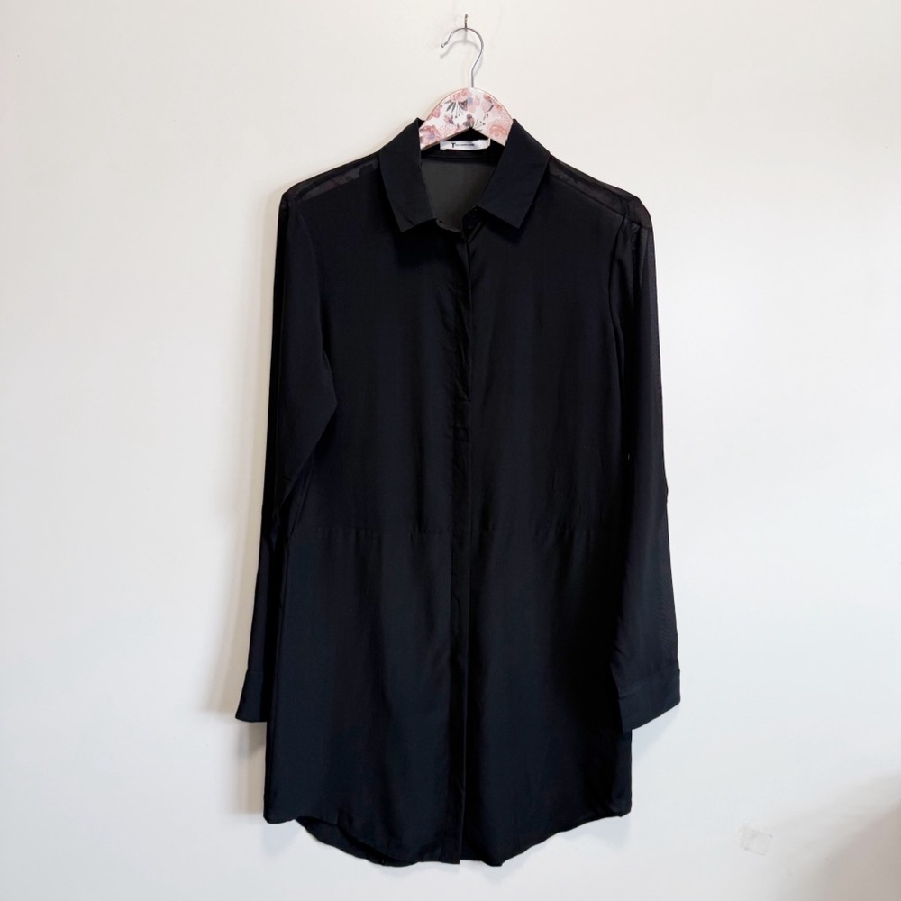 T by ALEXANDER WANG Black Silk Long Line Button Up Shirt Dress Small